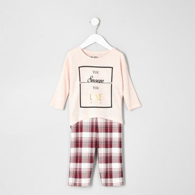 Mini girls pink top check leggings pyjama set